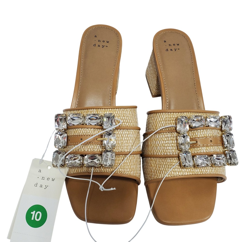A New Day Kathleen Block Heel Sandals Womens 10 Beige NWT Rhinestone Buckle